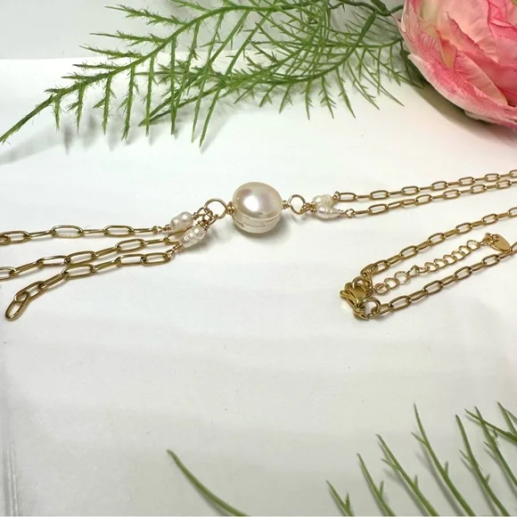 NEW⚜️Freshwater Pearl Tassel Fringe Chain Necklace - Picture 4 of 7